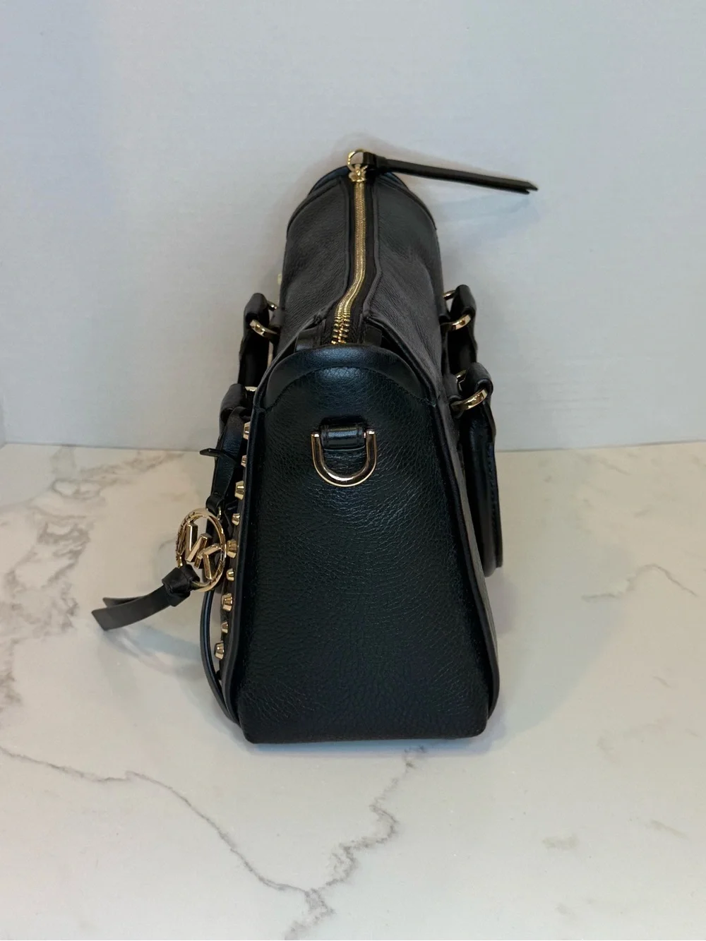 Michael Kors Black Pebbled Leather Satchel with Gold Accents